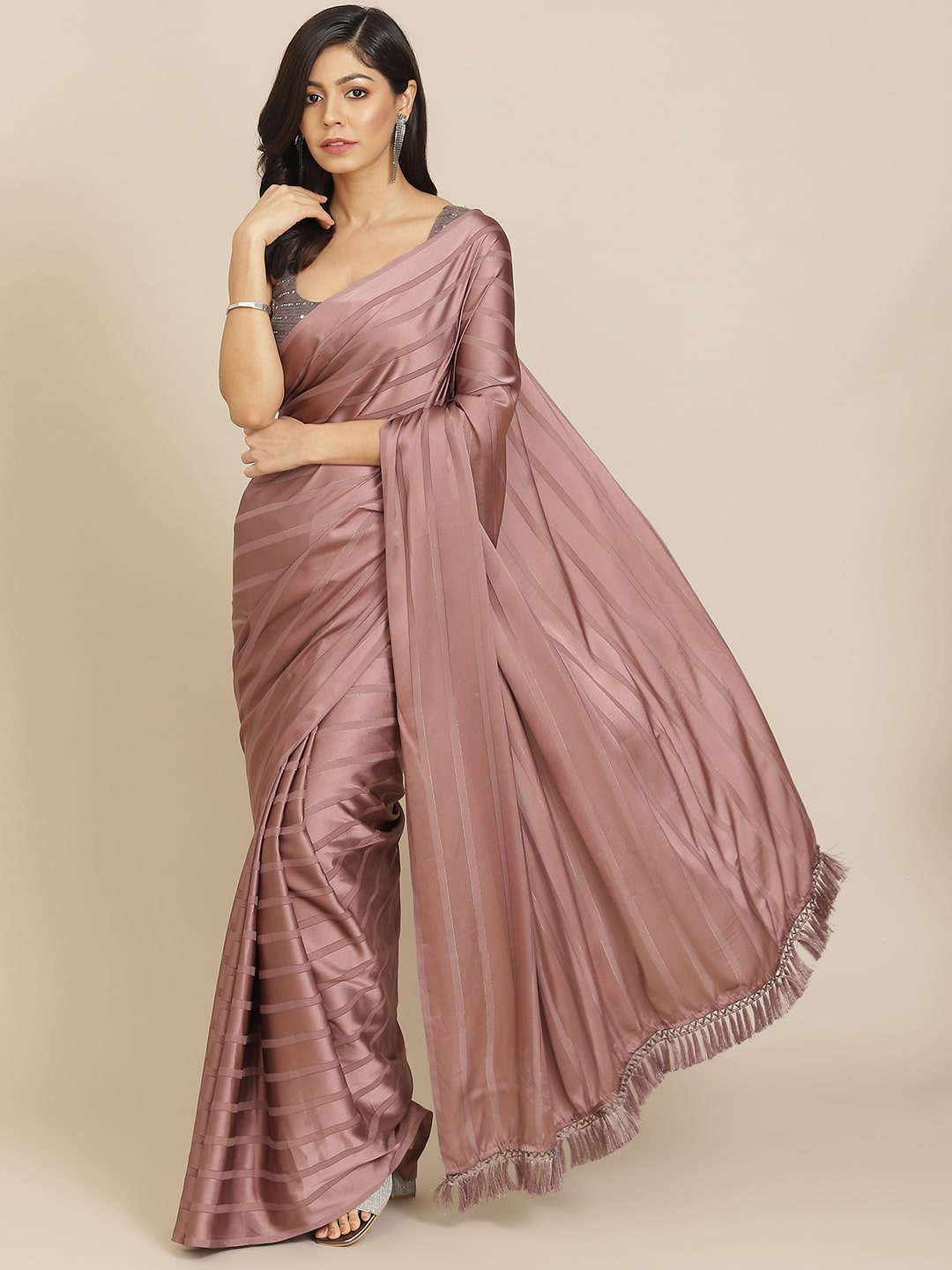 Striped Bollywood Polyester Saree  (Pink)